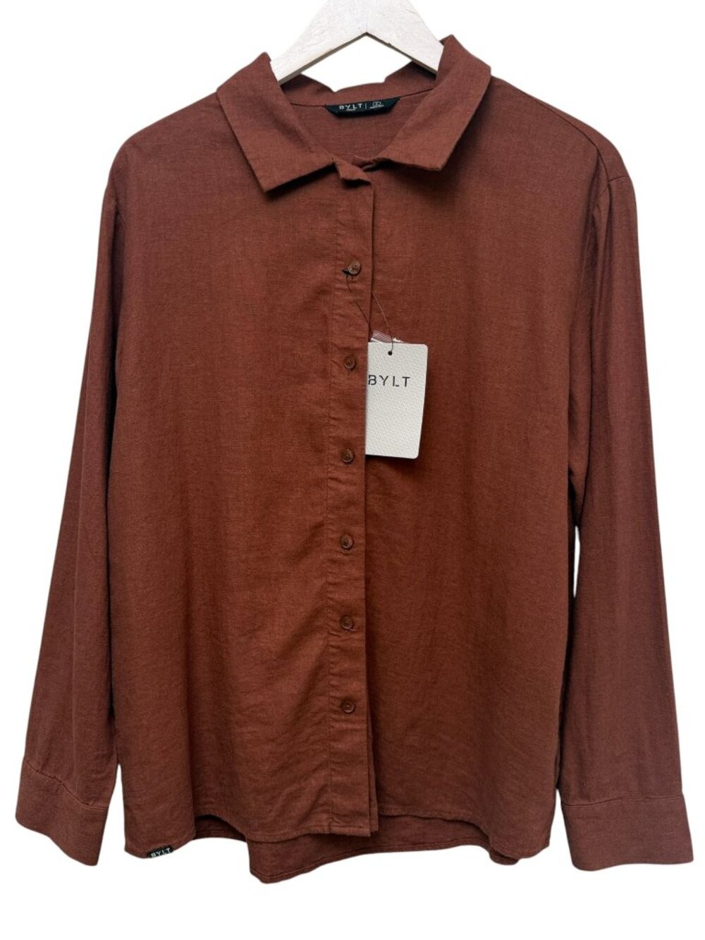 BYLT Womens Top Back To Basics Linen Blend Button-Down Shirt Size Small NWT